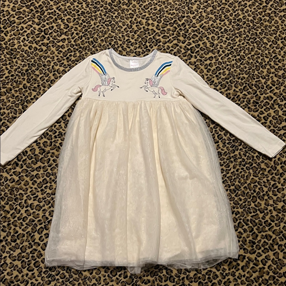 Hanna Andersson Girls Size 8 Cream Tulle Unicorn Dress with Rainbow Detail
